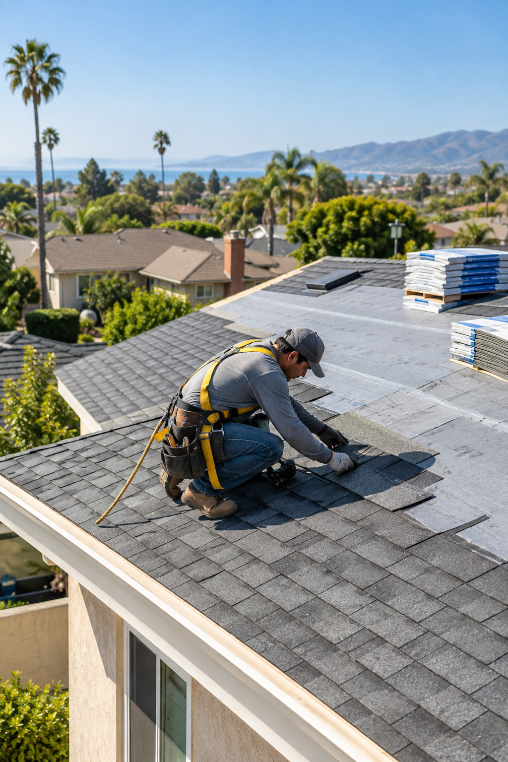 Roofer installing shingles on a residential roof